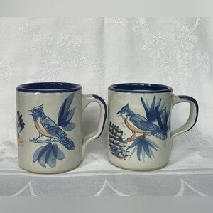 Louisville Pottery Stoneware Coffee Mugs Bluejay Blue Bird Set of 2 USA Made